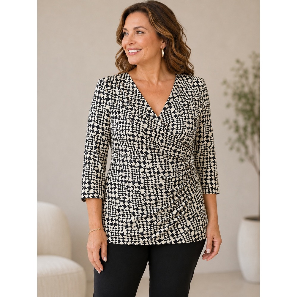 Talbots Womens L Houndstooth Faux Wrap Top Black Cream 3/4 Sleeve Stretch Ruched